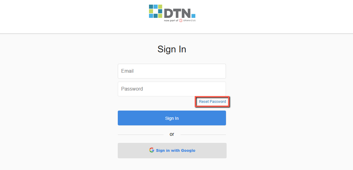 DTN Dashboard login screen - click Reset Password